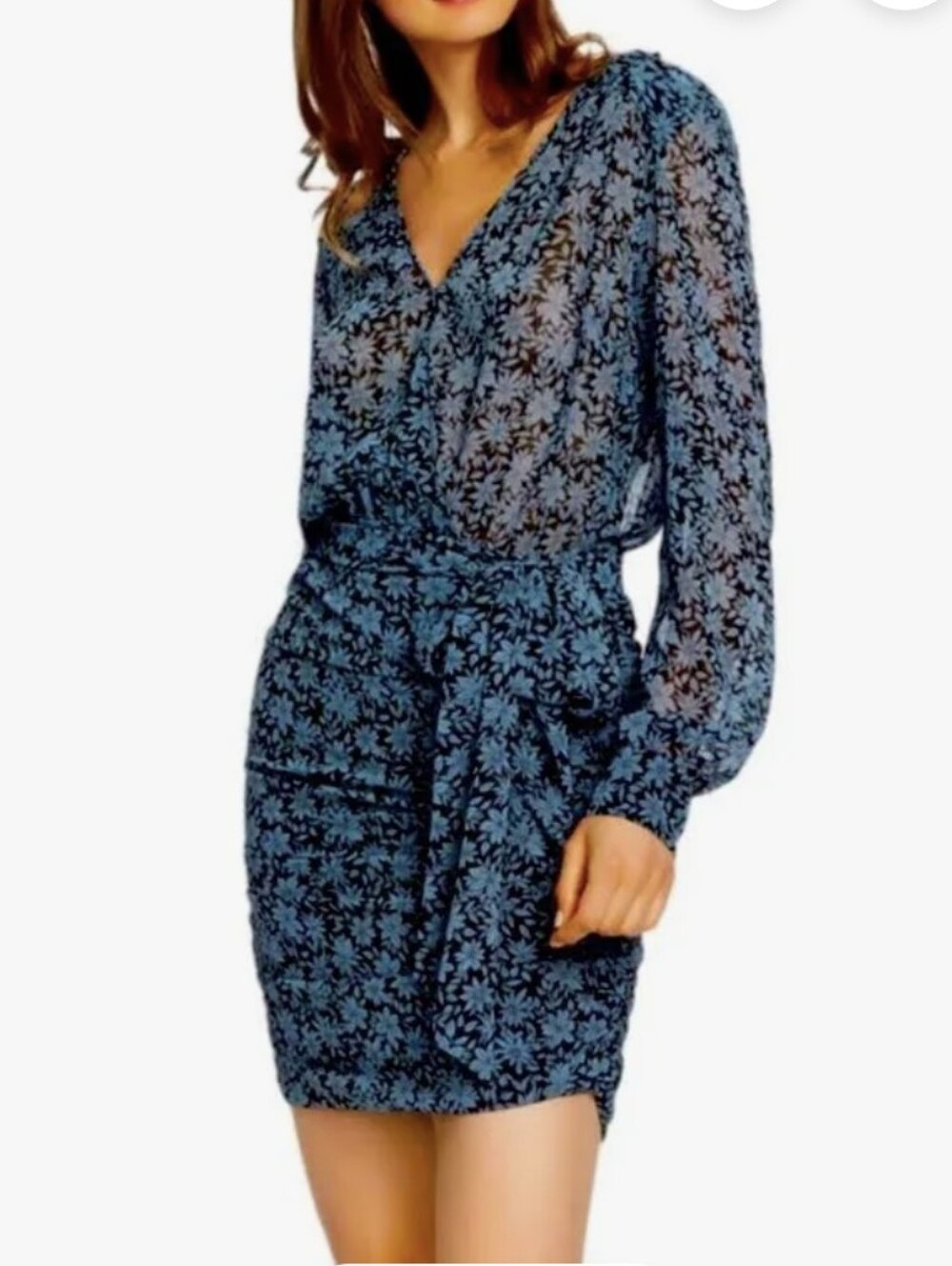 1. State Blue Floral Faux Wrap Long-Sleeve V-Neck Mini Dress